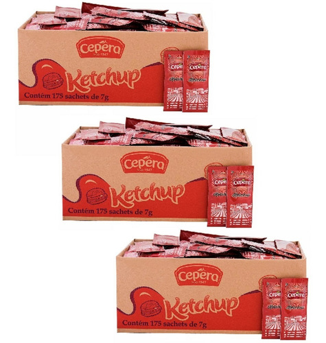 Kit 3 Caixas Ketchup Cepêra Sachê Com 175 Mini Sachês De 7g