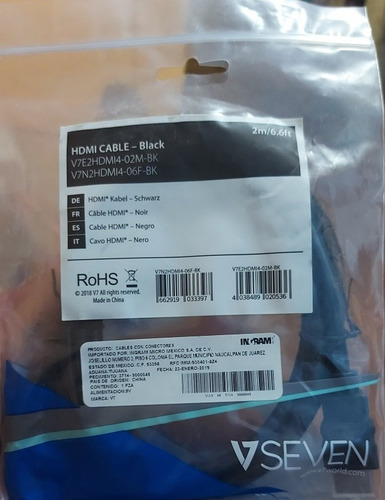 V7 Cable De Video Negro Hdmi Macho A Hdmi Macho 2m 6.6ft