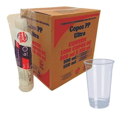 Cx 1000un Copo Plástico 500ml Descartável Ultracopos Liso Pp Cor Transparente