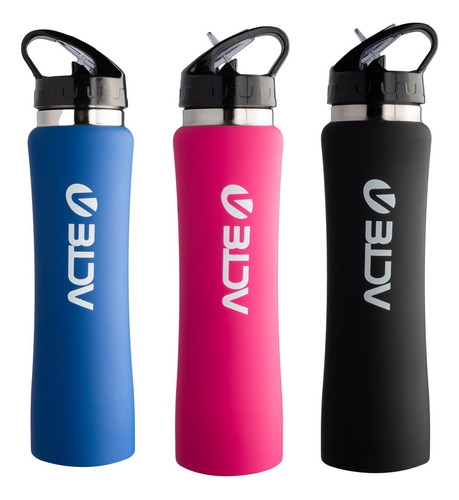 Kit Com 3 Squeezes Termicos De 500ml Azul + Rosa + Preto