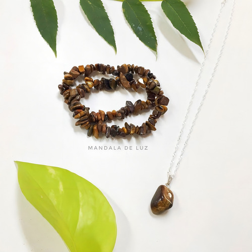 Colar Folheado De Olho De Tigre E 2 Pulseiras De Cascalho
