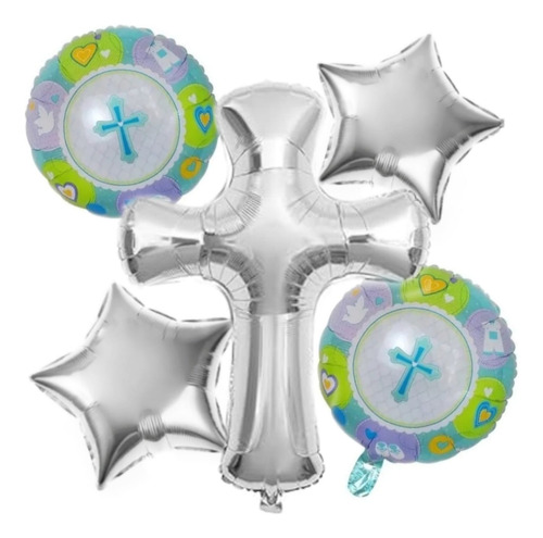 Set Globos Metalizados Cruz Plata Comunión Bautizos X 5pzs