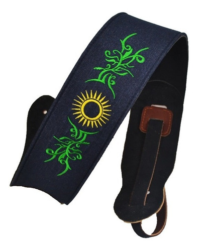 Strap/tahalí Xl Mezclilla/piel Bordado Verde P Guitarra/bajo