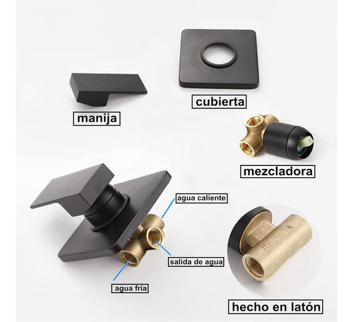 Regadera Cuadrada 20cm Monocomando Negro Tubo De 40cm
