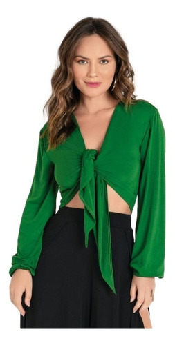 Imagem 1 de 6 de Cropped Blusa Verde Com Amarração Frontal Viscose Elastano