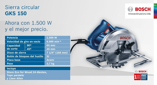 Sierra Circular 7 1/4 Pulgadas 1500 W 6000 Rpm Bosch Gks 150