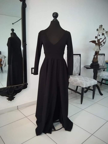 Vestido Para Damas Negro Escote V Con Mangas Falda C/escote