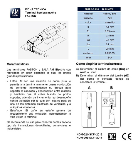 Terminal Hembra Macho Faston 12-10 Awg 250 50 Pzs Am-e