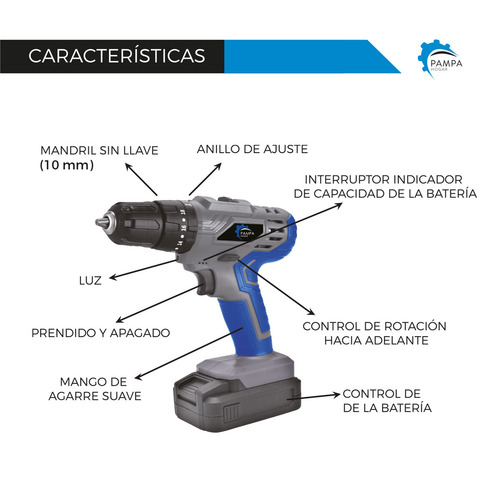 Imagen 2 de 4 de Taladro Percutor Inalámbrico 10mm Pampa 18v Litio + Maletín + Luz LED