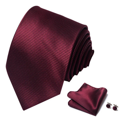 Corbata Hombre+pañuelo+mancuernillas, Corbatas Bodas Festiva Color Bordó Diseño De La Tela Lisa Largo 1.46 M