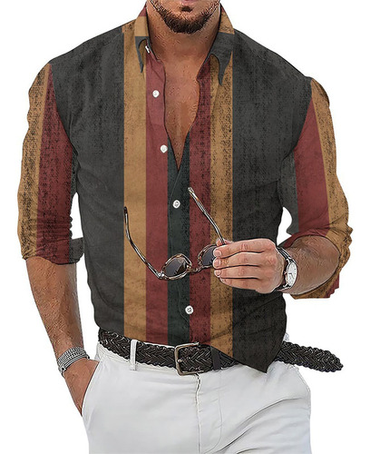 Camisa De Manga Larga A Rayas Con Botones Y Botones Para Hom