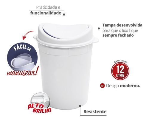 Lixeira Redonda Multiuso Basculante Capacidade 12 Litros Cor Branco Durín