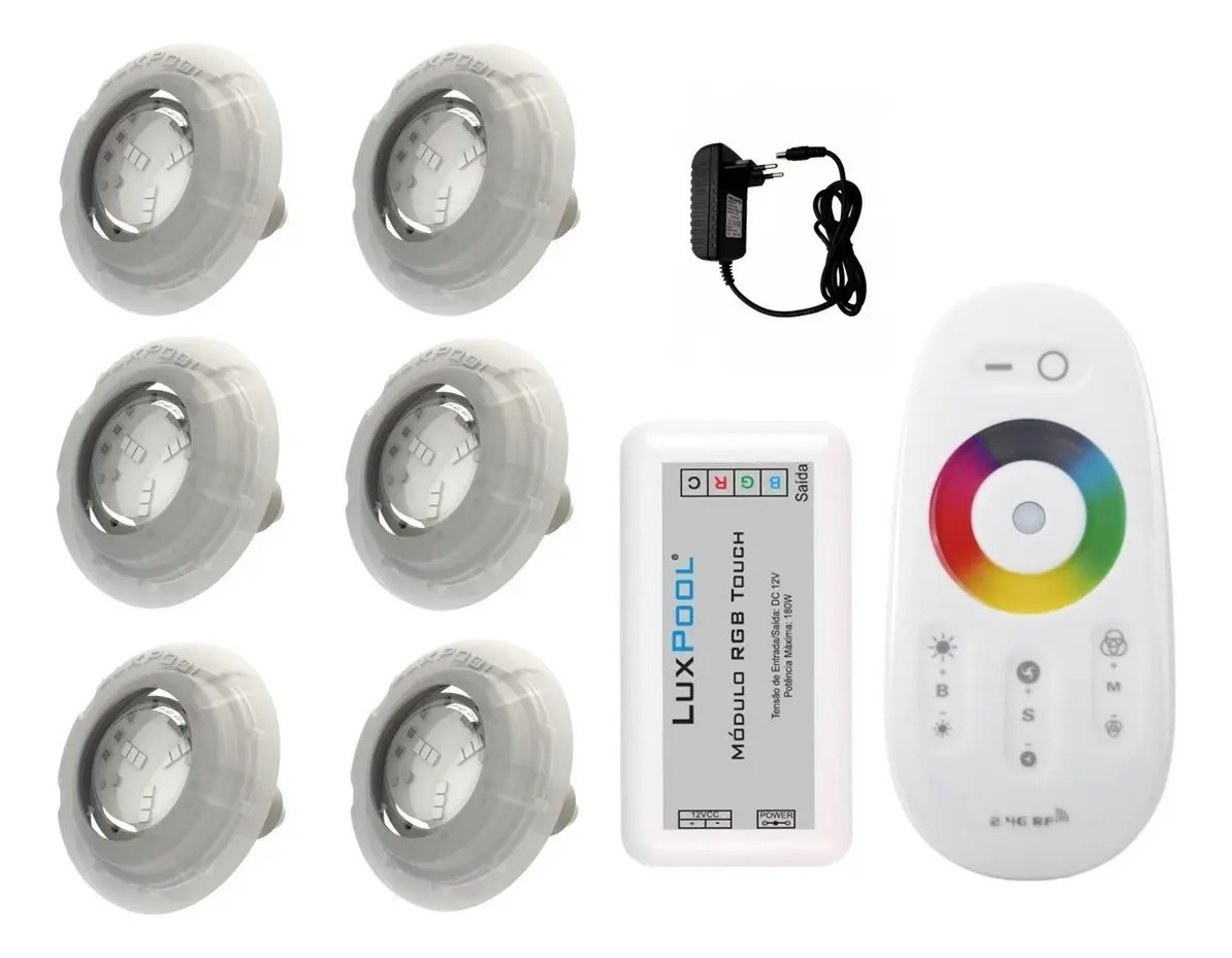 Kit Led Piscina Com Controle + 6 Leds Rgb + Fonte