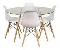 Comprar Combo Mesa Redonda Eames Vidrio 1 Mt + 4 Sillas Eames Color Blanco Diseño De La Tela De Las Sillas Liso