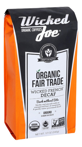 Wicked Joe Organic Coffee Francia Descafeinado Molido, 12 On