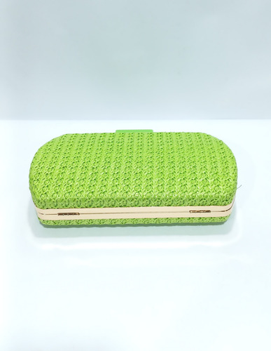 Clutch De Festa, Feita Em Ráfia Com Alça Tiracolo Dourada Verde-limão Entrelaçada Ouro Dourada