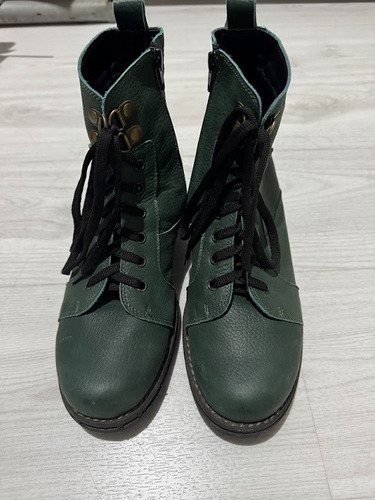 Botas Borcegos Cuero100% Verde Militar T39 Cierre Y Cordones (Usado)