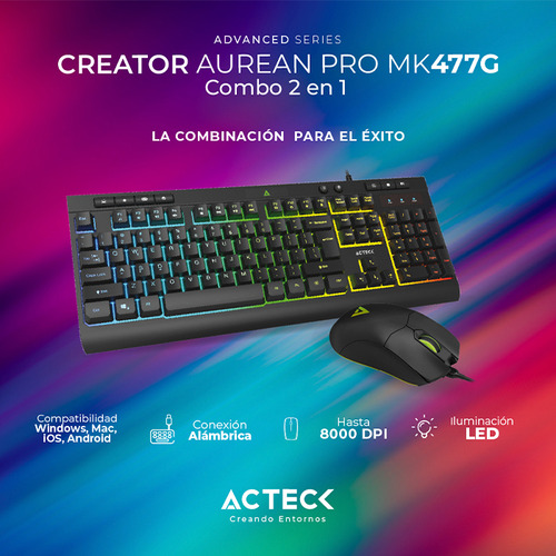 Kit Teclado Y Mouse Acteck Creator Aurean Pro Mk477g Usb Led