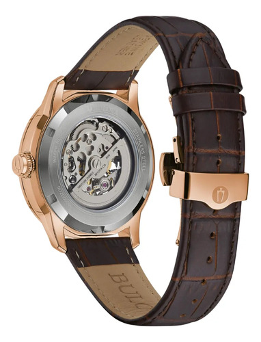 Reloj Bulova Sutton 97a169 Caballero Correa Marrón oscuro Bisel Oro rosa Fondo Gris oscuro