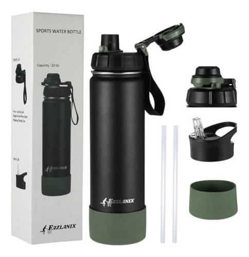 Botella Agua Deportiva Acero Inoxidable 22oz, 2 Tapas (pajit
