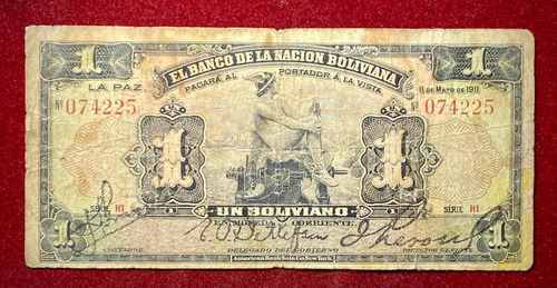 Billete 1 Boliviano 1911 Bolivia Pick 103 A.3 Sin Resello (Usado)
