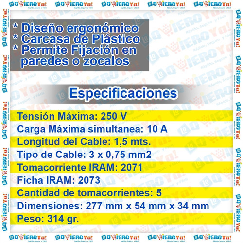 Prolongador Trv Zapatilla Múltiple 5 Tomas 250v Cable 1.50mt