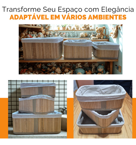 Kit 3 Cestos Caixa Organizador Bambu Tecido Multiuso Forro