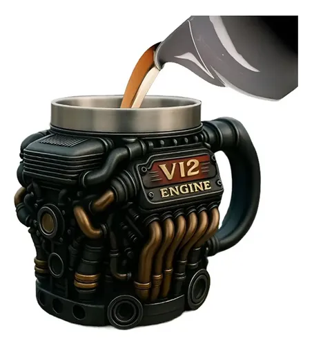 Caneca Térmica Com Parede Dupla E Formato De Motor V12 Com A