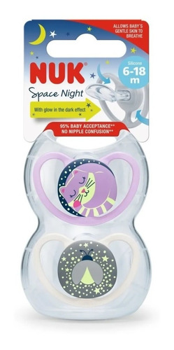 Imagen 2 de 10 de Set De 2 Chupetes Space Night Nuk 6-18 Nena Noche-luminoso