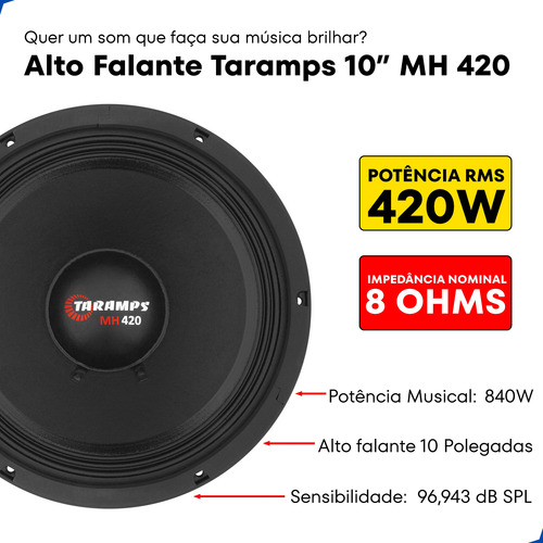 Alto Falante Subwoofer Taramps Mh 420 10 Pol 8 Ohms 420w Rms