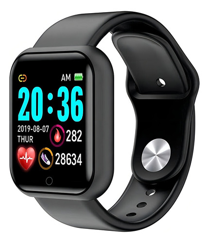 Smartwatch D-20 Altura: 4 cm, ancho: 16 cm, longitud: 18 cm, color de la carcasa: negro, color de la correa: negro, diseño de correa: liso