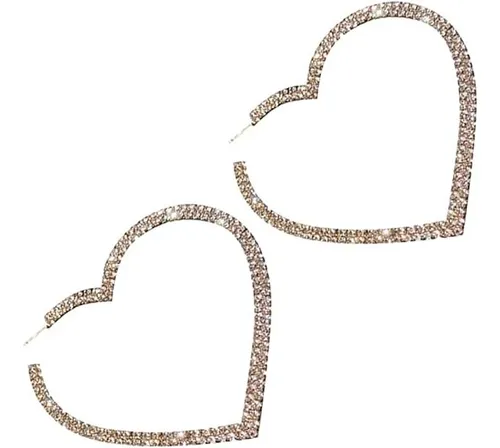 Aros Corazón Gigante Brillos Dorado Mujer Cute Colgante