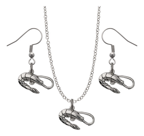 Kit Collar Y Aretes Animales Acuáticos Dije Cadena Acero Plateado Camarón Grande