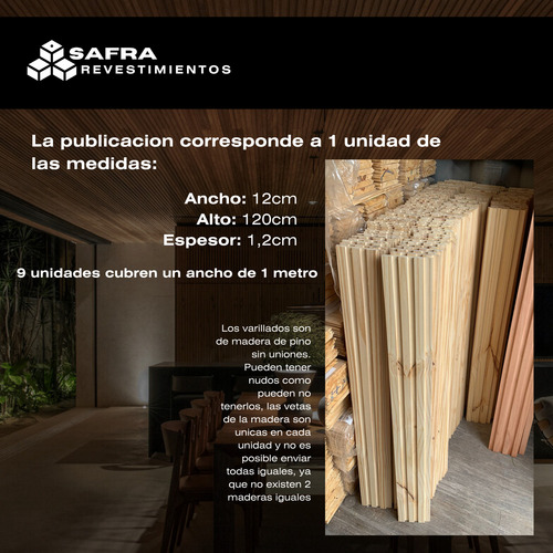 Revestimiento Varillado Listones Madera Pino Pared 120cm