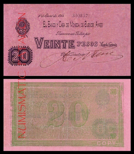 Billete 20 Peso Moneda Corriente Buenos Aires 1864 Copia 444