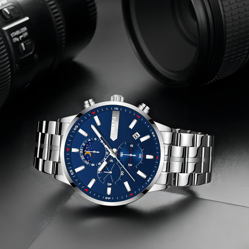 Relógios de quartzo luminoso Nibosi 2501 Moon Phase com fundo prateado/azul
