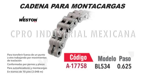 Cadena Para Montacargas Modelo Bl534 Weston Caja De 10 Pies
