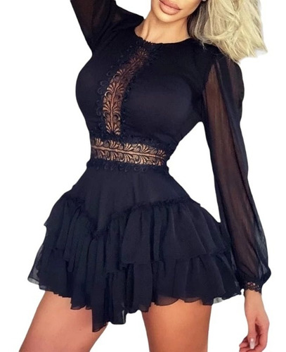 Vestido Dama Mini Negro Manga Larga Olanes Encaje De Gasa