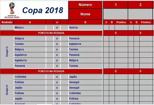 Tabela Copa do Mundo 2018 no Excel