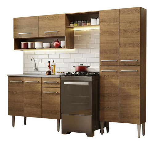 Armário Cozinha Compacta 229cm Com Pia Emilly Madesa 10 R Cor Rustic