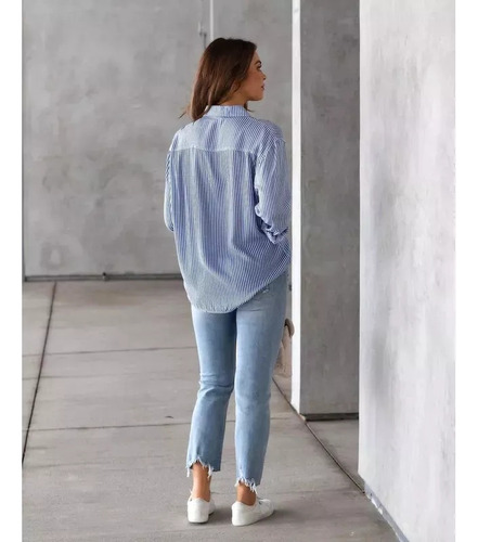 Camisa Holgada De Manga Larga A Rayas Para Mujer