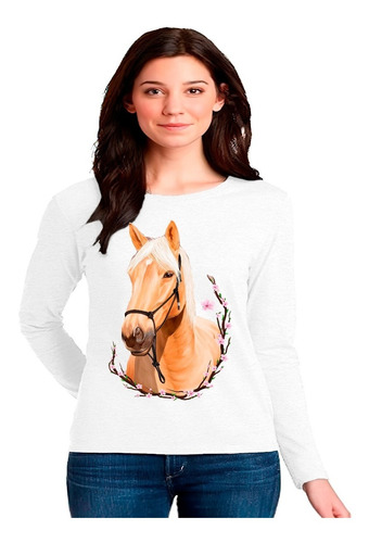 Polera Manga Larga 100% Algodón Caballo Con Flores C-332