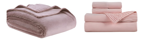 Set Frazada-sabana Para Cama Matrimonial Paquete 2 Productos Rosa Lisa