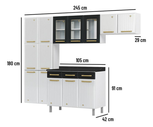 Cozinha Completa Aço 4 Pç Balcão C/tampo Multimóveis Cr20370 Cor Branco/Preto