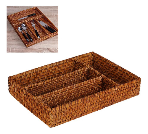 Porta Talheres Rattan 4 Divisórias Cozinha 34x24cm Luxo