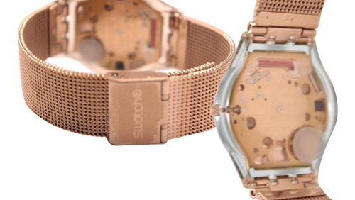 Reloj pulsera Swatch Originals Hello darling de cuerpo color transparente, analógico, para mujer, fondo rosa dorado, con correa de acero inoxidable color rosa, agujas color plateado, dial rosa, bisel color transparente y hebilla de gancho