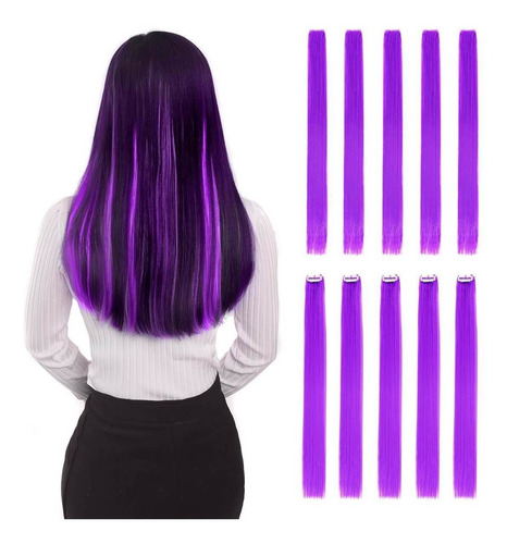 55 Cm 10 Unids Clip Recto En El Pelo Sintético Color Púrpura