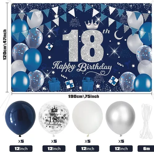 Kit De Decoración Para Cumpleaños 18 Años Hombres Azul Plata