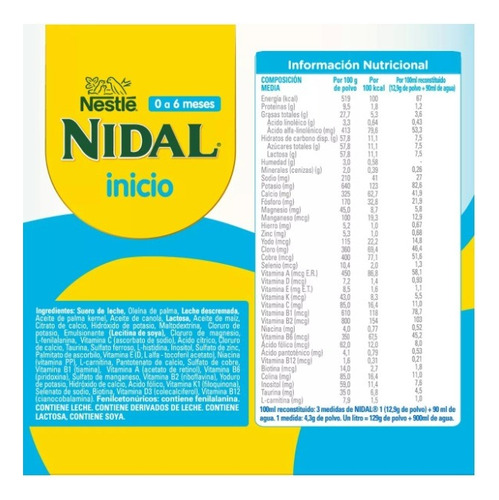 Leche de fórmula en polvo sin TACC Nestlé Nidal Inicio en lata de 1 de 800g - 0 a 6 meses