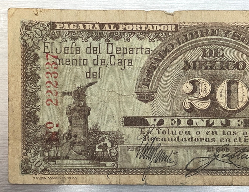 Billete 20 Centavos, Estado Libre Y Soberano, 1915 (Usado)